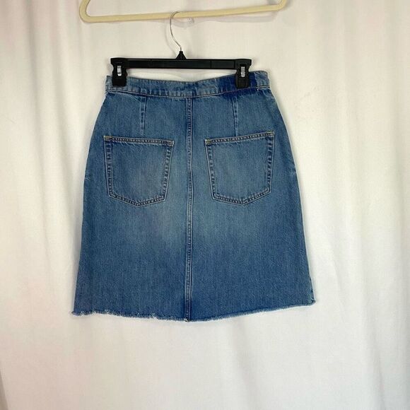 Etica Sophia Distressed Raw Hem Blue Denim Skirt Short Snap Front Women’s S - Picture 12 of 13